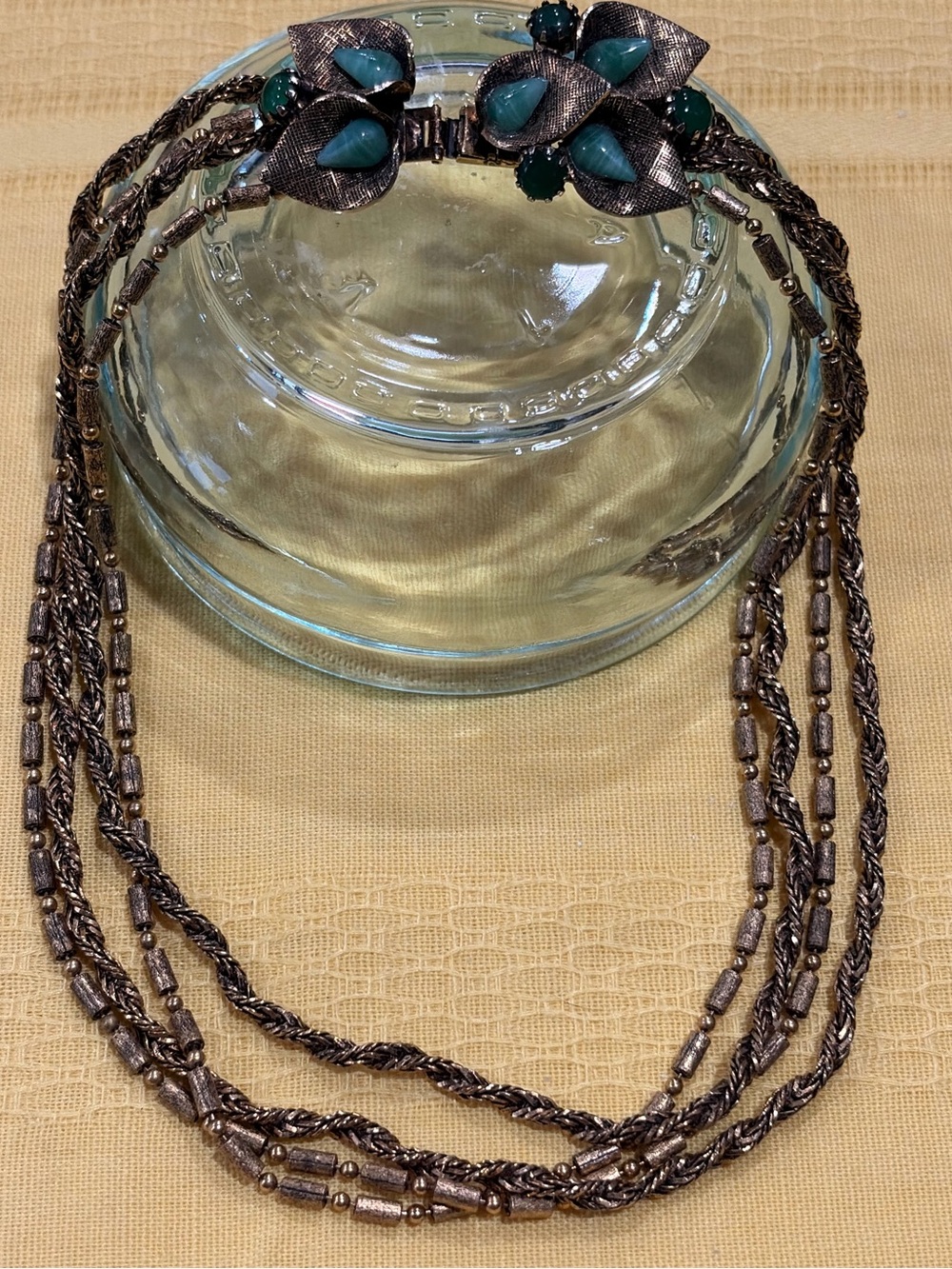 Signed Alice Caviness Green Cabochon Calla Lily Multi Strand Statement Necklace
